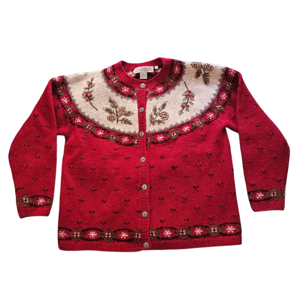 Nomadic Traders Vintage Wool Blend Red Pine Cones Cardigan L